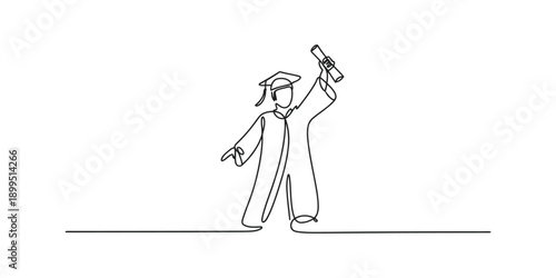 Single continuous line art drawing of a happy graduate celebrating academic achievement