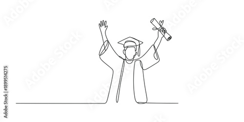 Continuous line art drawing of a happy graduate celebrating academic achievement with diploma