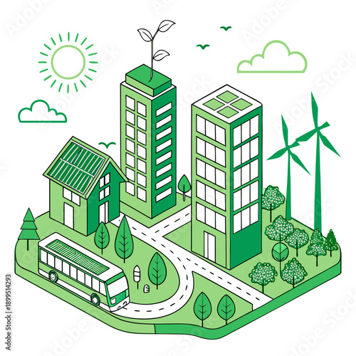 Sustainable cityscape featuring green energy and eco-friendly transportation