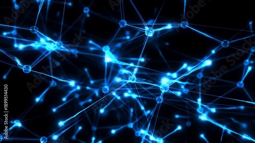 Two clusters of quantum particles moving in perfect sync in a dark cinematic space, illustrating non-local connection concept of quantum physics and entanglement