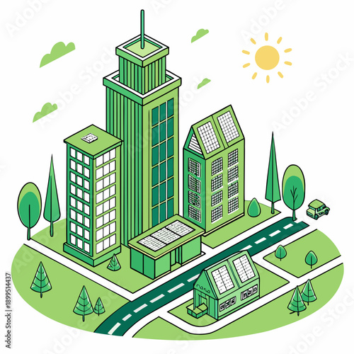 Modern cityscape with skyscrapers and green transportation routes