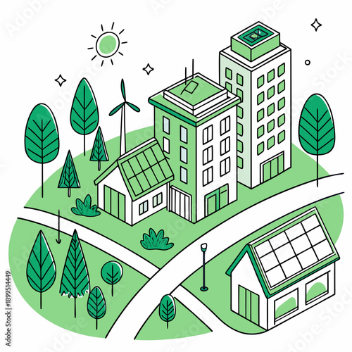 Modern urban neighborhood with eco-friendly infrastructure and sustainable living elements