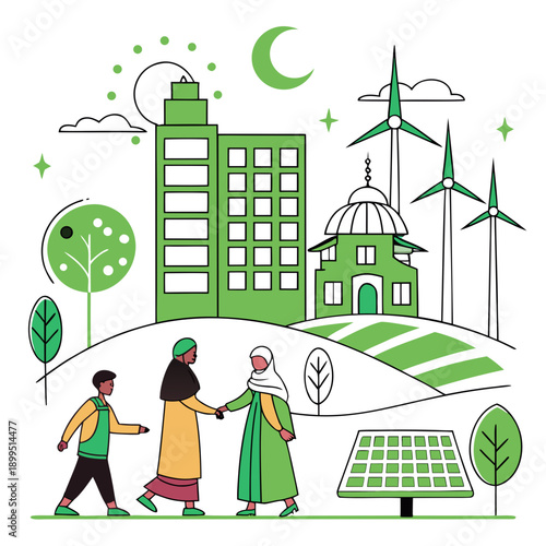 Community embracing sustainable living and renewable energy sources together.