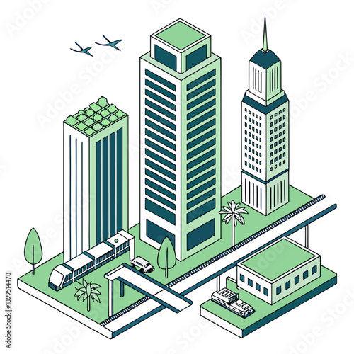 Modern cityscape with high-rise buildings and green urban planning elements