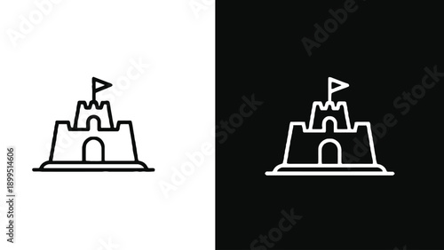 Sandcastle icons in black and white colors on different backgrounds