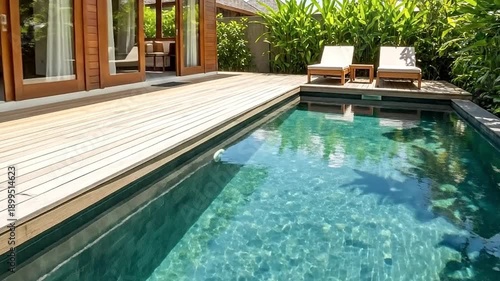 Experience pure tranquility at this stunning tropical villa, offering a perfect blend of modern comfort and natural beauty. A crystal-clear swimming pool sparkles under the bright sun, inviting a refr