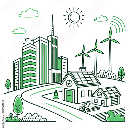 Sustainable cityscape with renewable energy sources and green transportation