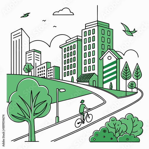 Modern urban neighborhood with green spaces and residential buildings