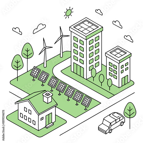 Modern eco-friendly residential complex with renewable energy sources and green spaces