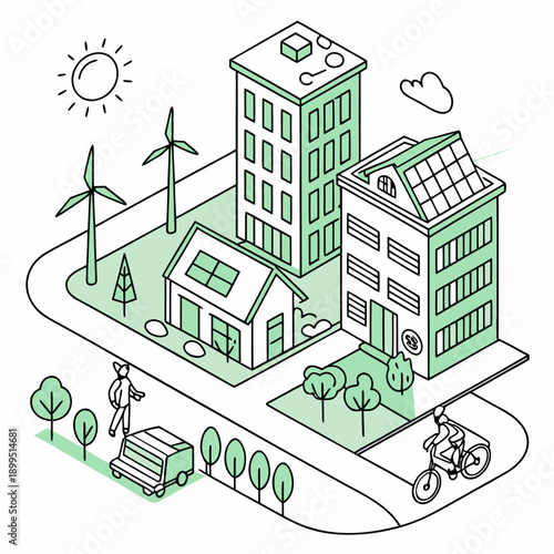 Modern sustainable city integrating renewable energy sources and eco-friendly living spaces