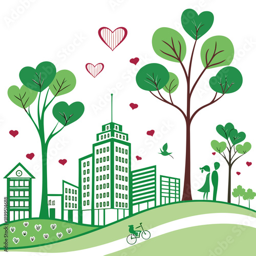 Harmonious urban life with nature and community depicted through greenery and architecture