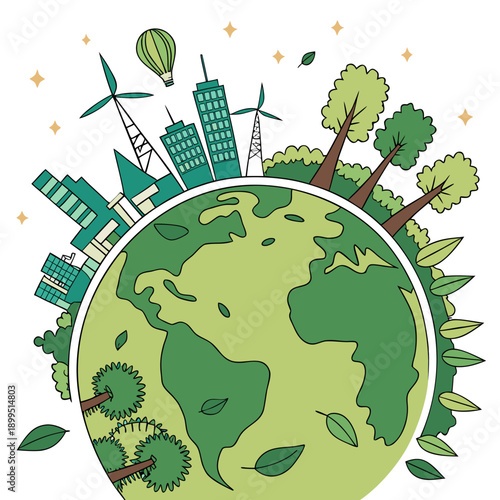A vibrant illustration of a global ecosystem emphasizing renewable energy and sustainability.
