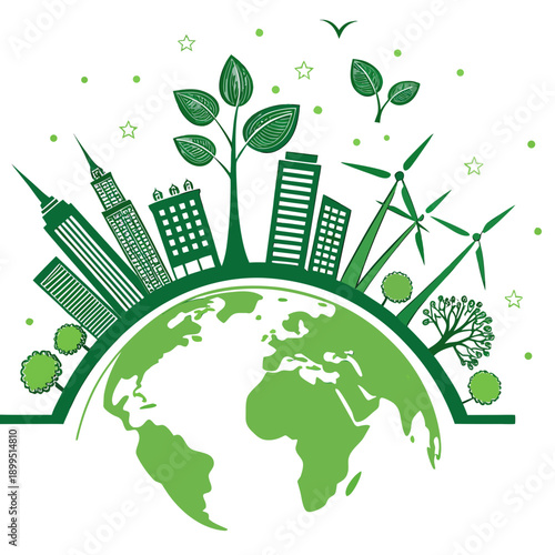Sustainable future with green technology and urban development integrated globally