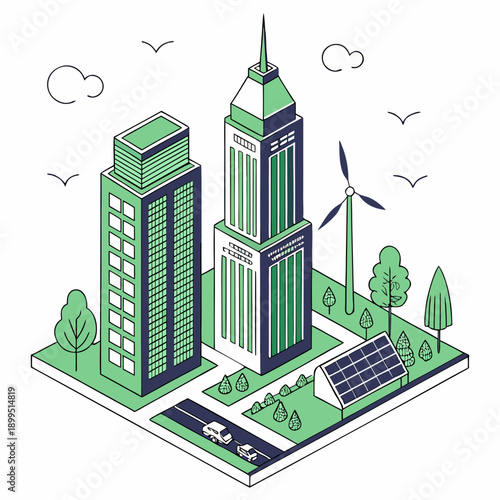 Modern cityscape with high-rise buildings and green spaces under a clear sky