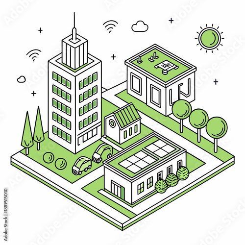 Urban landscape with modern buildings and green city environment illustration