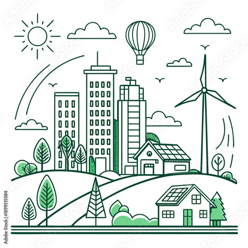A futuristic city embracing renewable energy and sustainable living with clean technology