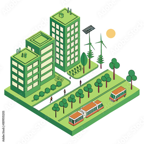 Modern urban neighborhood with green spaces and eco-friendly infrastructure