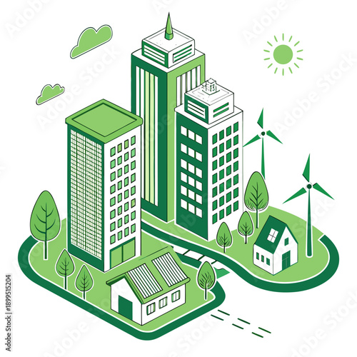 Modern city buildings integrated with sustainable energy sources and greenery.