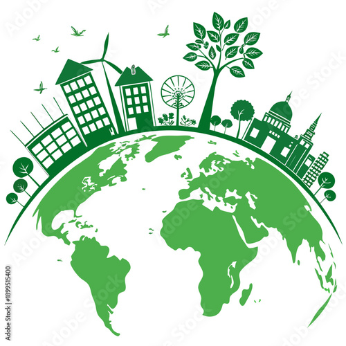 Global sustainability with urban and natural harmony on a green planet illustration