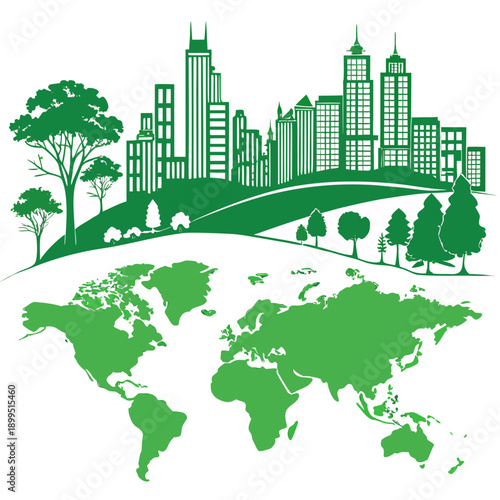Global cityscape connected by green networks symbolizing worldwide sustainability and urban growth