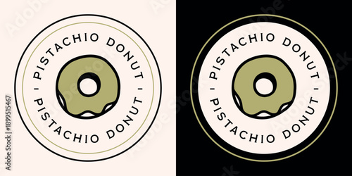 Pistachio donut flavor label logo nut butter cream filling baked pastry round circular sticker packaging design. Green glaze outline drawing retro vintage bakery aesthetic black circle frame print.