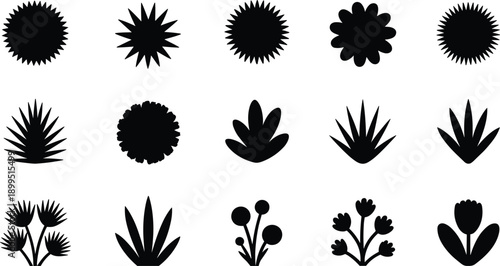 Assortment of black silhouette depicting abstract floral and starburst shapes in a grid layout on white