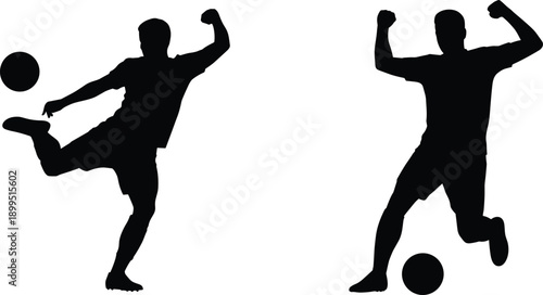 Black silhouette of two male football players in energetic poses with a soccer ball on a plain white background