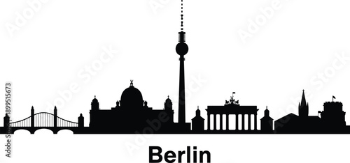 Black silhouette representation of the Berlin skyline featuring the Brandenburg Gate Fernsehturm and other notable structures on a white background