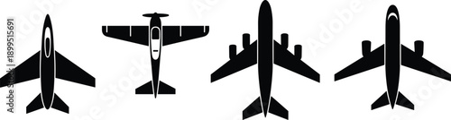 A group of four black silhouette representing different aircraft models viewed from a top-down perspective for aviation and transport themes