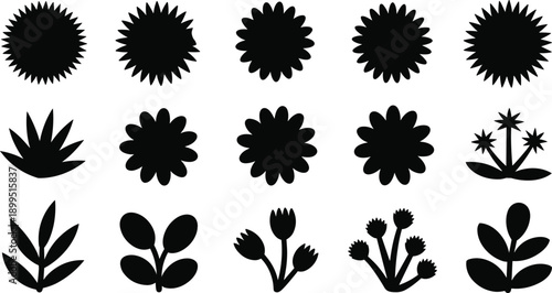 Collection of black silhouette stylized floral and plant representing diverse botanical shapes and organic forms on a white background