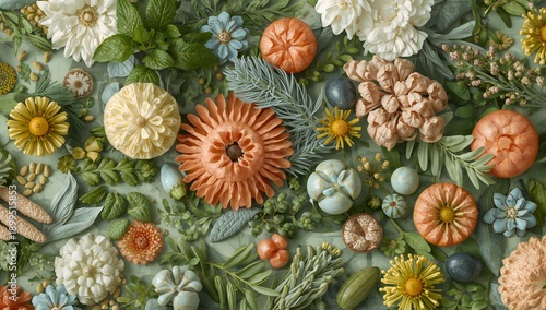 Colorful Flowers and Plants Arranged on a Flat Surface at a Creative Workspace