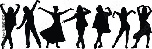 Collection of black silhouettes of women in graceful and artistic poses, highlighting feminine elegance and expressive body language on white