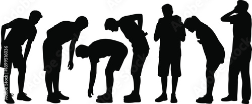 Collection of diverse human silhouettes in various bending and stretching poses, representing different individuals engaged in physical activity and movement