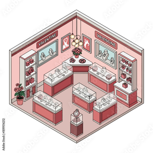 Isometric illustration of a jewelry store with pink and white displays.