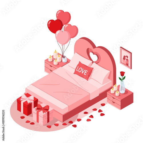Romantic bedroom setup with heart shaped bed and decorations.