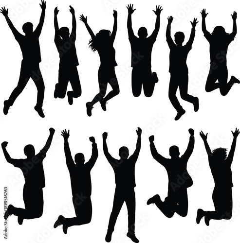 Collection of energetic silhouettes of diverse individuals jumping with arms raised in celebration and joy against a stark white background
