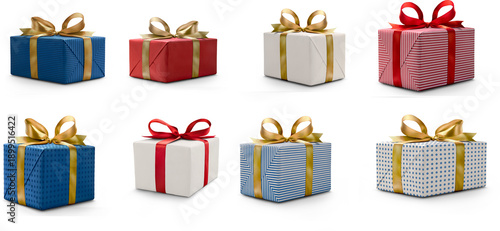 Фотография a collection of beautifully wrapped holiday and celebration gift boxes with bows, presented on a clean white background