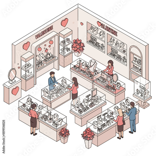 Isometric illustration of a jewelry store with customers browsing various displays.