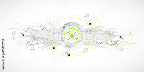 Abstract image of a computer chip in the middle of a wireframe sphere. Vector