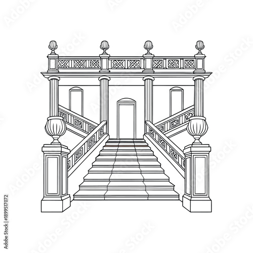 Grand staircase with ornate railings and columns in classical architecture style