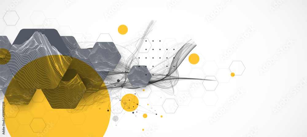 Fototapeta premium Abstract composition with wireframe hexagons, dots, and lines. Vector