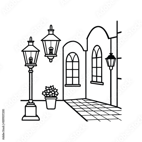 Oldfashioned street lamps and windows with potted plant illustration