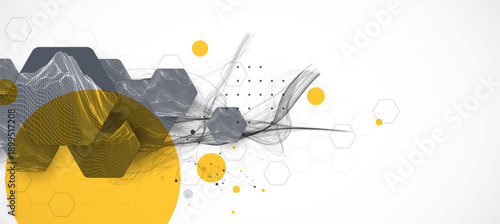 Abstract composition with wireframe hexagons, dots, and lines. Vector