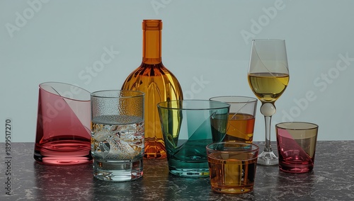 Different Glasses on a Table Hold Whiskey and Water in a Simple Setting at a Bar