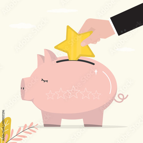 Rating increase, concept. Hand putting star a piggy bank. Feedback, testimonials, improvement of service quality. Customer insert star in pig. Good review.