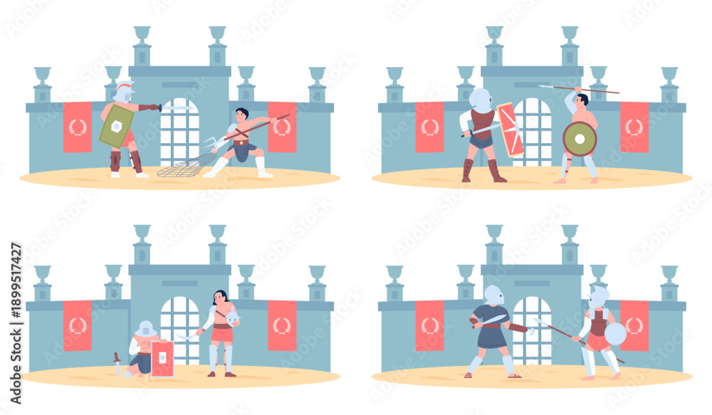 Fototapeta premium Gladiator scenes. Flat gladiators fights, people with weapon and armor. Legionnaires battles, ancient roman warriors attack and defending, recent vector set