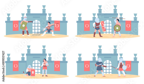 Gladiator scenes. Flat gladiators fights, people with weapon and armor. Legionnaires battles, ancient roman warriors attack and defending, recent vector set