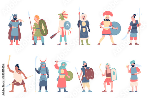 Native ethnic warriors. Multiethnic warrior characters with weapon. Scandinavian viking, african tribes, american indians and asian samurai, recent vector set