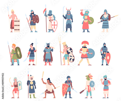 Tribal warriors. African, asian warriors with weapon and armor. Scandinavian viking, australian aboriginal characters. Security and defenders, recent vector set