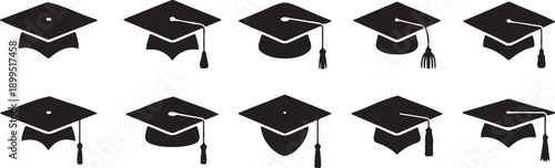 graduation cap icons set black symbols, education academic graphic elements isolated, learning achievement icons collection